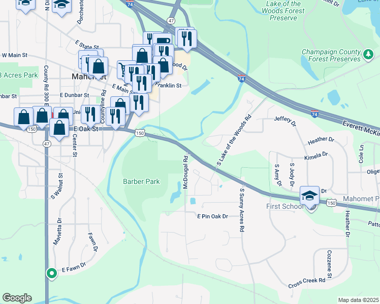 map of restaurants, bars, coffee shops, grocery stores, and more near 799 South McDougal Road in Mahomet