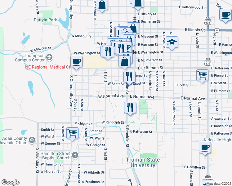 map of restaurants, bars, coffee shops, grocery stores, and more near 505 South Elson Street in Kirksville