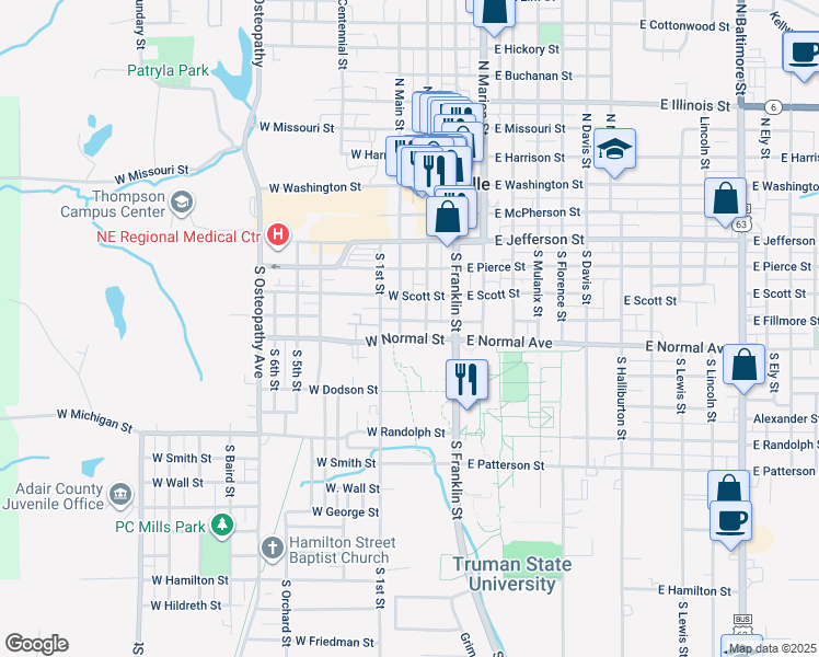 map of restaurants, bars, coffee shops, grocery stores, and more near 505 South Elson Street in Kirksville
