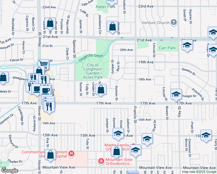 map of restaurants, bars, coffee shops, grocery stores, and more near 1900 Hayward Place in Longmont