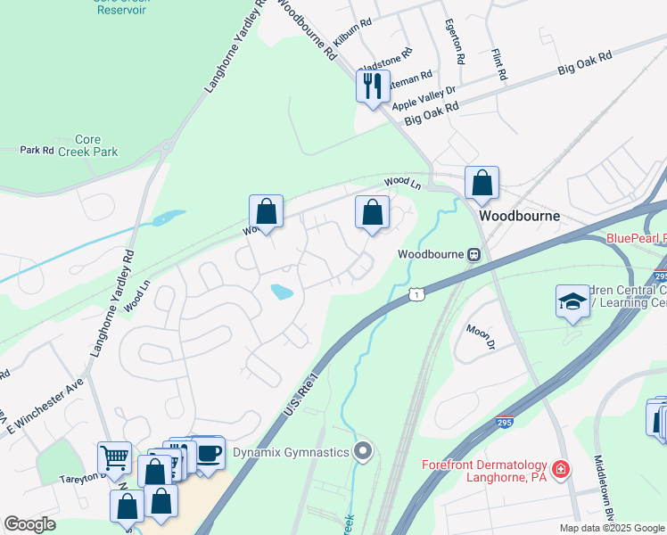 map of restaurants, bars, coffee shops, grocery stores, and more near 324 Starflower Lane in Langhorne