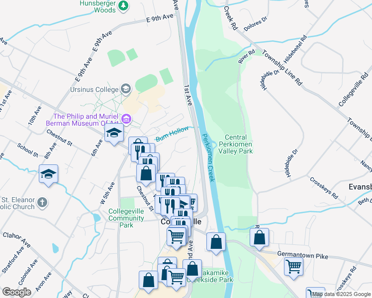 map of restaurants, bars, coffee shops, grocery stores, and more near 27 Addison Lane in Collegeville