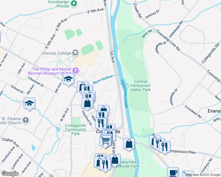 map of restaurants, bars, coffee shops, grocery stores, and more near 27 Addison Lane in Collegeville