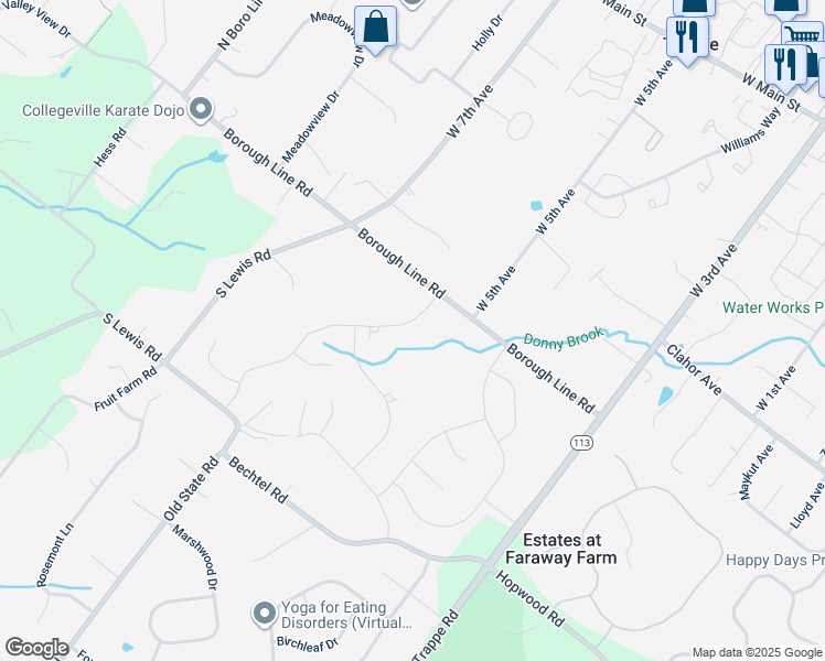 map of restaurants, bars, coffee shops, grocery stores, and more near 38 Spring Mill Lane in Collegeville