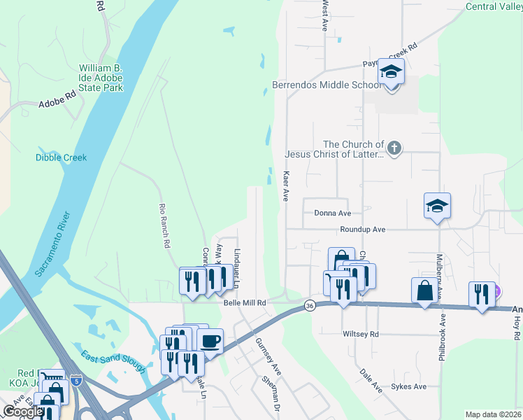 map of restaurants, bars, coffee shops, grocery stores, and more near 175 Mary Lane in Red Bluff