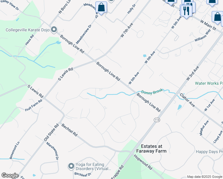 map of restaurants, bars, coffee shops, grocery stores, and more near 38 Spring Mill Lane in Collegeville