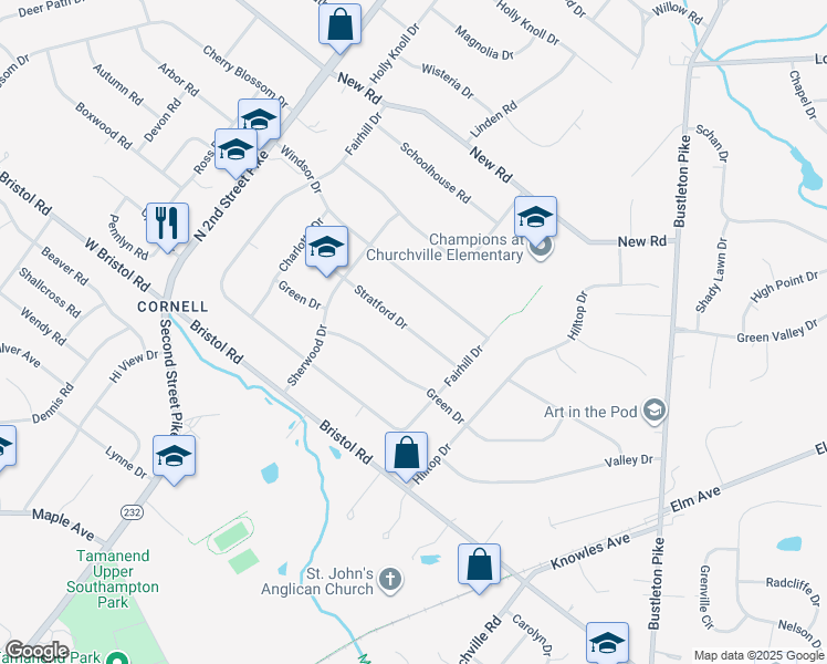 map of restaurants, bars, coffee shops, grocery stores, and more near 193 Stratford Drive in Southampton