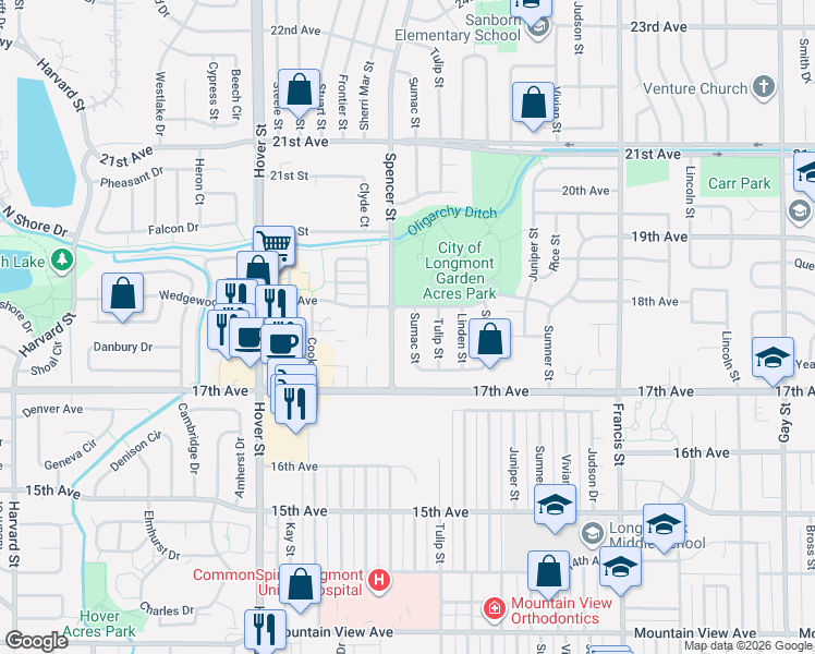 map of restaurants, bars, coffee shops, grocery stores, and more near 1758 Sumac Street in Longmont