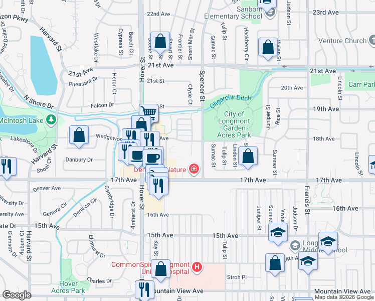map of restaurants, bars, coffee shops, grocery stores, and more near 2117 18th Avenue in Longmont
