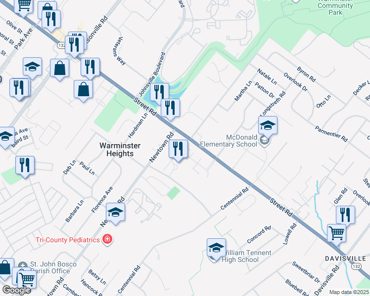 map of restaurants, bars, coffee shops, grocery stores, and more near 615 Newtown Road in Warminster