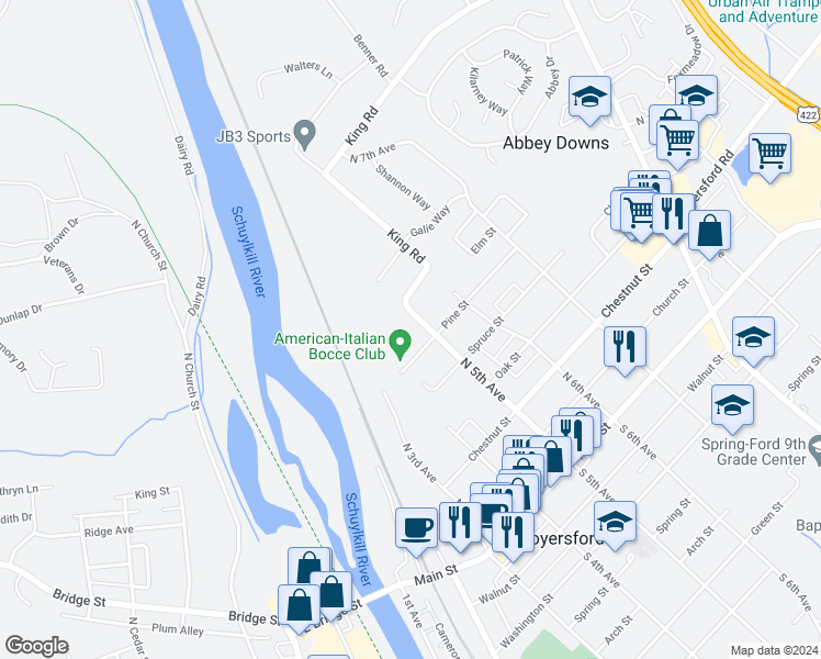 map of restaurants, bars, coffee shops, grocery stores, and more near 493 King Road in Royersford