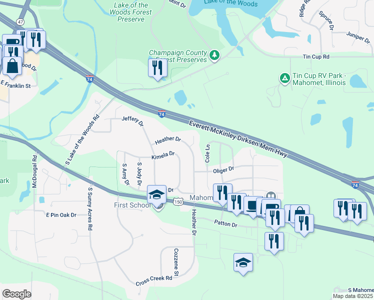 map of restaurants, bars, coffee shops, grocery stores, and more near 1420 Heather Drive in Mahomet