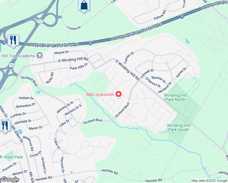 map of restaurants, bars, coffee shops, grocery stores, and more near 1835 Shady Lane in Mechanicsburg