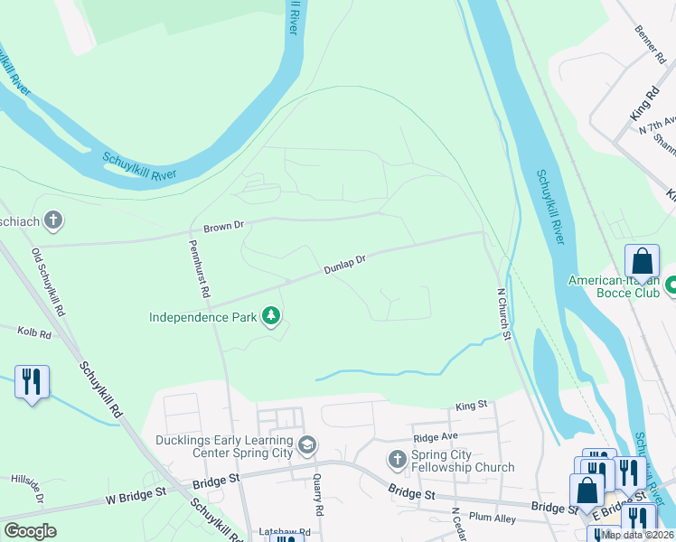 map of restaurants, bars, coffee shops, grocery stores, and more near 4 Independence Drive in Spring City