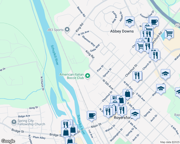 map of restaurants, bars, coffee shops, grocery stores, and more near 447 Pine Street in Royersford