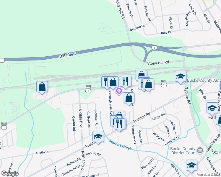 map of restaurants, bars, coffee shops, grocery stores, and more near 3 Pennsylvania Avenue in Fairless Hills