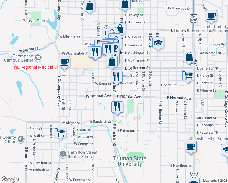 map of restaurants, bars, coffee shops, grocery stores, and more near 613 South Franklin Street in Kirksville