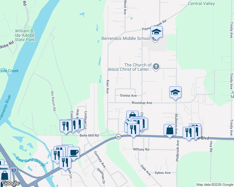 map of restaurants, bars, coffee shops, grocery stores, and more near 175 San Joaquin Drive in Red Bluff