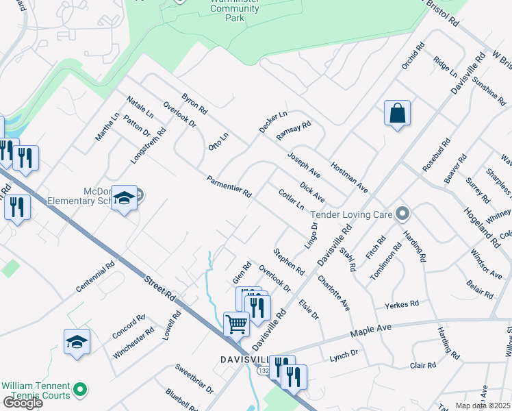 map of restaurants, bars, coffee shops, grocery stores, and more near 709 Parmentier Road in Warminster