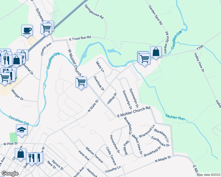 map of restaurants, bars, coffee shops, grocery stores, and more near 5 Misty Lane in Ephrata