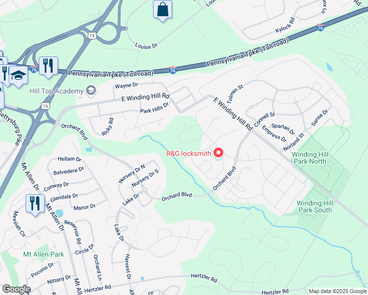 map of restaurants, bars, coffee shops, grocery stores, and more near 472 Apple Hollow Road in Mechanicsburg