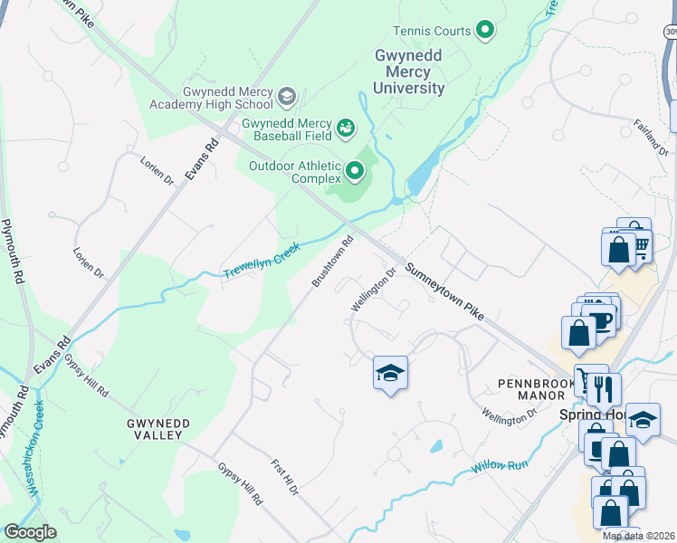 map of restaurants, bars, coffee shops, grocery stores, and more near 9 Turner Court in Spring House