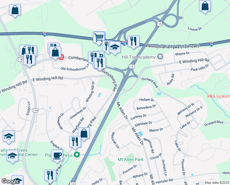 map of restaurants, bars, coffee shops, grocery stores, and more near 11 Gettysburg Pike in Mechanicsburg