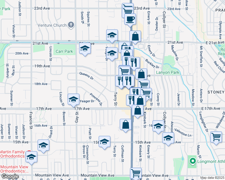 map of restaurants, bars, coffee shops, grocery stores, and more near 1839 Terry Street in Longmont