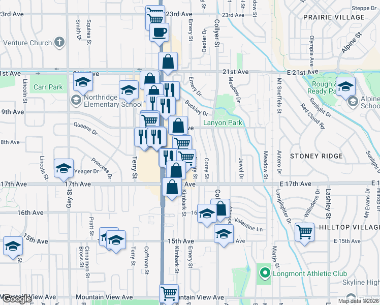 map of restaurants, bars, coffee shops, grocery stores, and more near 1834 Main Street in Longmont
