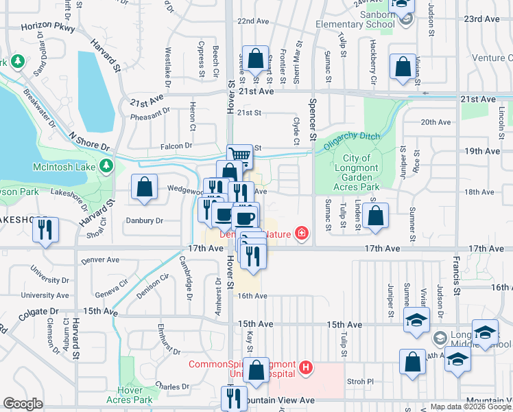 map of restaurants, bars, coffee shops, grocery stores, and more near in Longmont