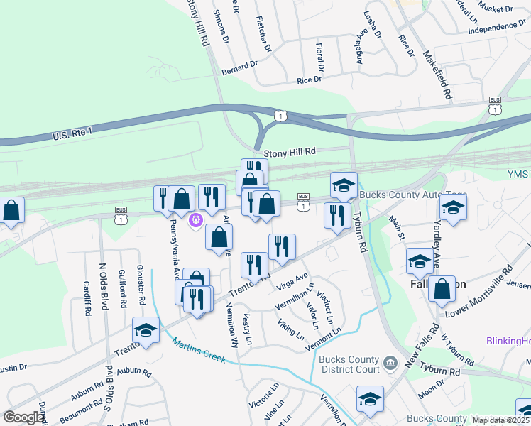 map of restaurants, bars, coffee shops, grocery stores, and more near 640 U.S. 1 Business in Fairless Hills