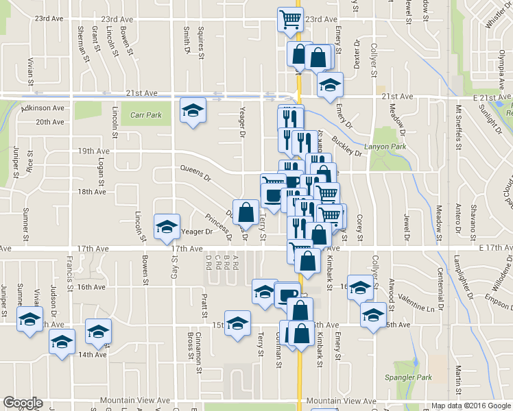 map of restaurants, bars, coffee shops, grocery stores, and more near 1839 Terry Street in Longmont