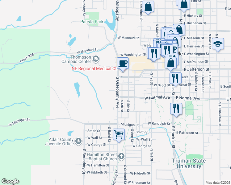 map of restaurants, bars, coffee shops, grocery stores, and more near 516 South 6th Street in Kirksville