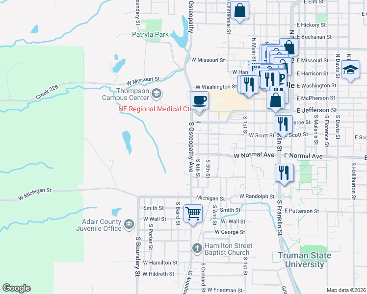 map of restaurants, bars, coffee shops, grocery stores, and more near 916 West Sundown Drive in Kirksville