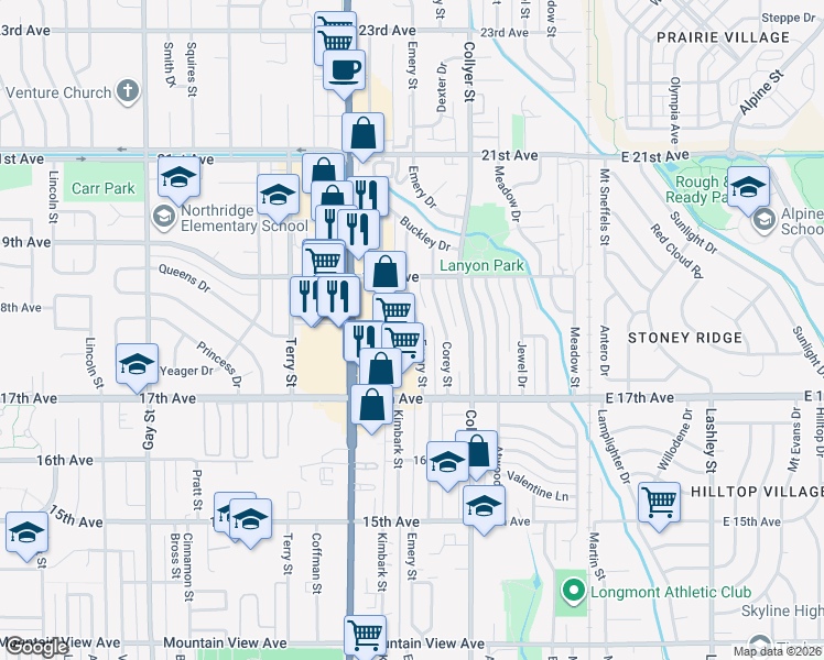 map of restaurants, bars, coffee shops, grocery stores, and more near 1834 Main Street in Longmont