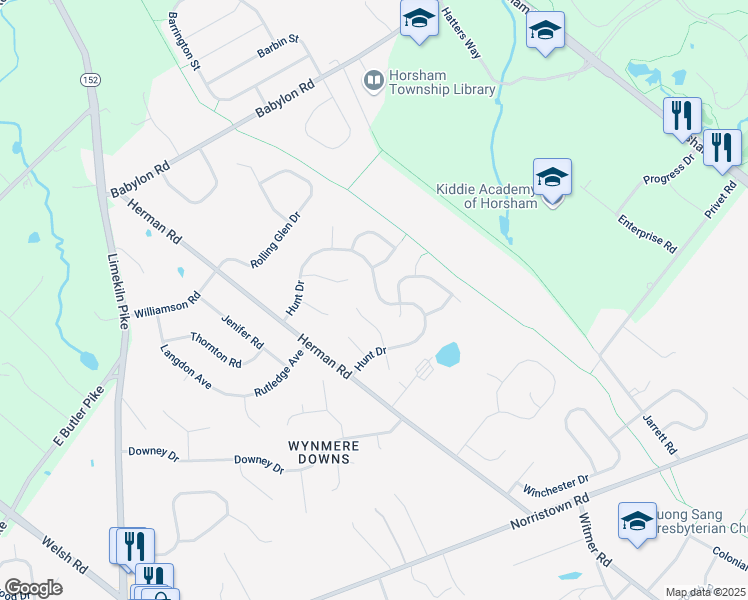 map of restaurants, bars, coffee shops, grocery stores, and more near 78 Hunt Drive in Horsham