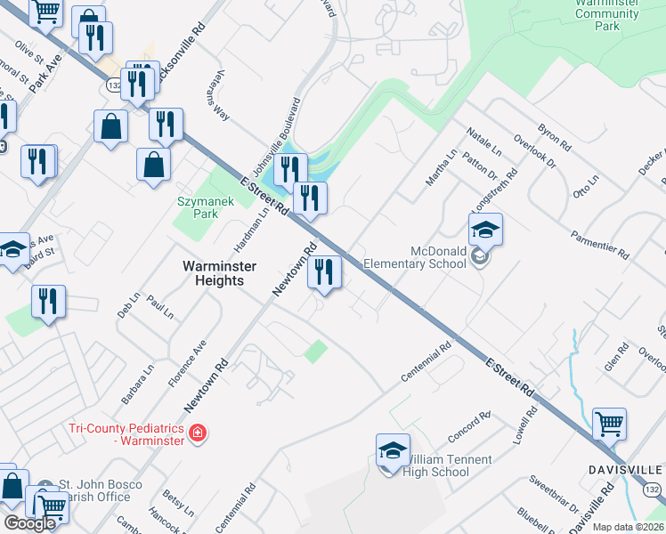 map of restaurants, bars, coffee shops, grocery stores, and more near 599 Newtown Road in Warminster