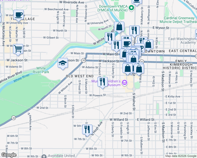map of restaurants, bars, coffee shops, grocery stores, and more near 525 West Charles Street in Muncie