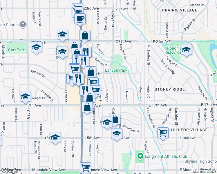 map of restaurants, bars, coffee shops, grocery stores, and more near 1823 Corey Street in Longmont