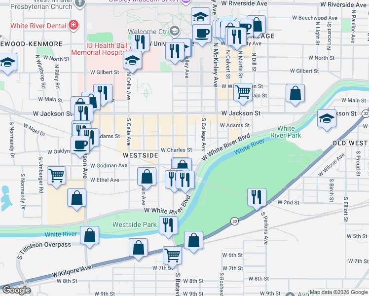 map of restaurants, bars, coffee shops, grocery stores, and more near 416 South Talley Avenue in Muncie