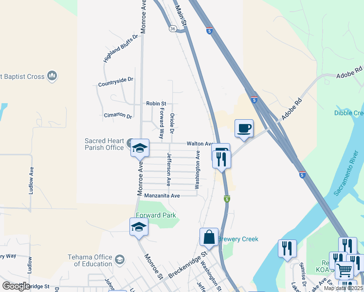 map of restaurants, bars, coffee shops, grocery stores, and more near 228 Walton Avenue in Red Bluff