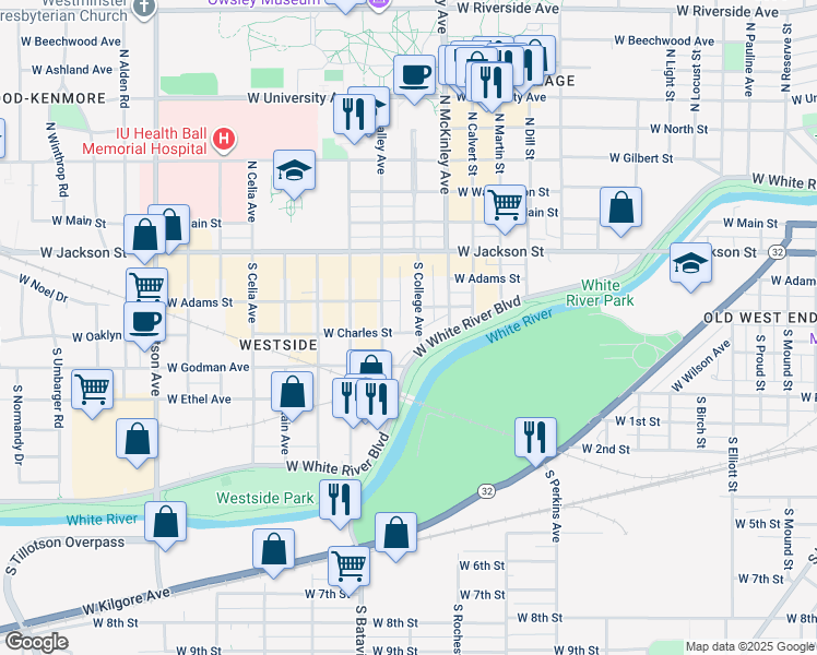 map of restaurants, bars, coffee shops, grocery stores, and more near 406 South College Avenue in Muncie
