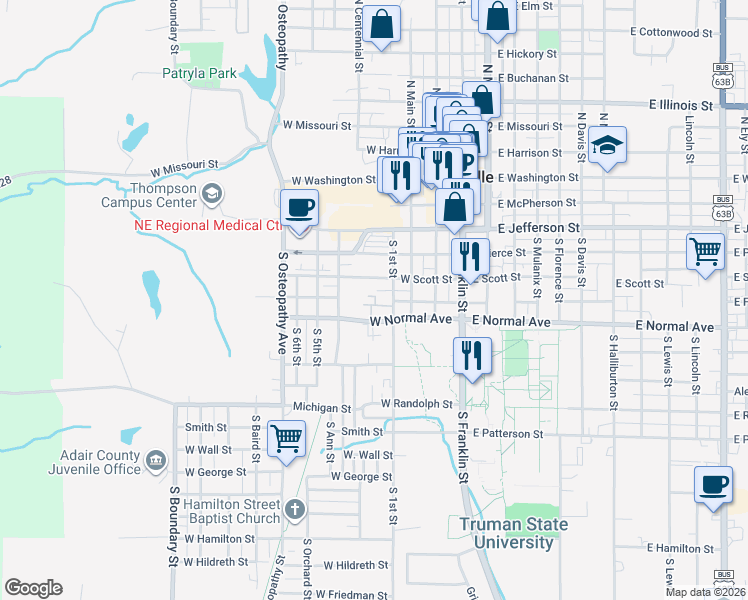 map of restaurants, bars, coffee shops, grocery stores, and more near 505 West Scott Street in Kirksville