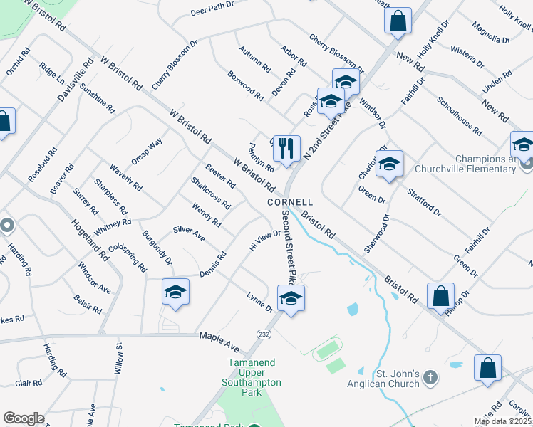 map of restaurants, bars, coffee shops, grocery stores, and more near 1572 2nd Street Pike in Southampton