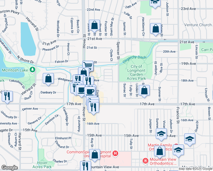 map of restaurants, bars, coffee shops, grocery stores, and more near 2117 18th Avenue in Longmont