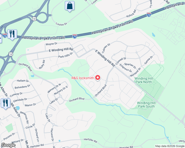 map of restaurants, bars, coffee shops, grocery stores, and more near 571 Brook Shire Court in Mechanicsburg