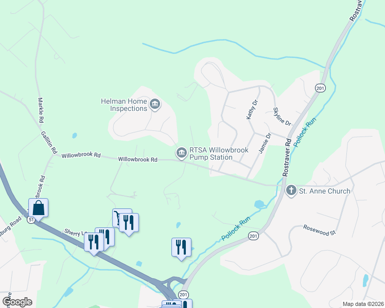 map of restaurants, bars, coffee shops, grocery stores, and more near 1276 Willowbrook Road in Belle Vernon