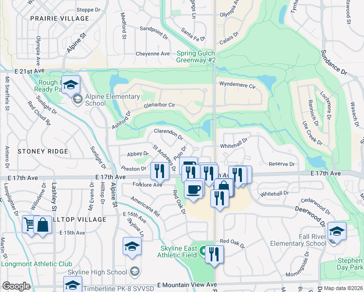 map of restaurants, bars, coffee shops, grocery stores, and more near 682 Clarendon Drive in Longmont
