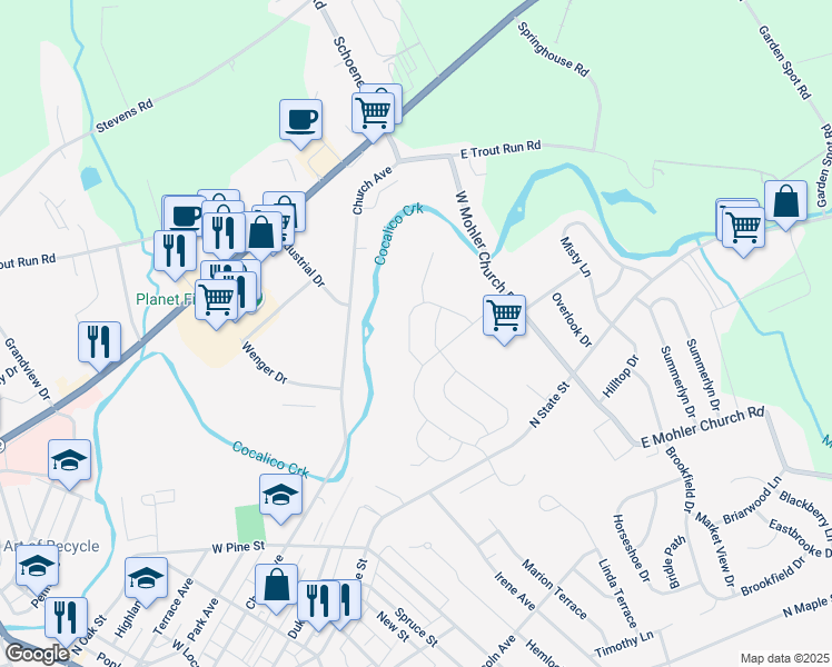 map of restaurants, bars, coffee shops, grocery stores, and more near 19 Amber Lane in Ephrata