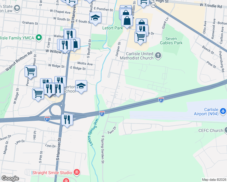 map of restaurants, bars, coffee shops, grocery stores, and more near 600 South Spring Garden Street in Carlisle